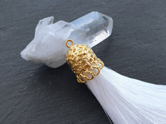 Sugar White Tassel Pendant with Rustic 22k Gold Plated Brass Cap, Ethnic Silk Fringe, Boho Jewelry Supplies, 95mm, 1pc