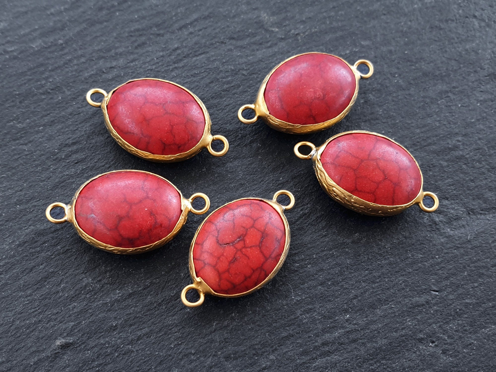 STOCK CLEARANCE SALE! 60% Off, 21 x 16mm Red Dyed Oval Turquoise Stone Connector - 22k Matte Gold plated Bezel - 1pc