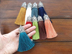 Mustard Yellow Tassel Pendant with Rustic Silver Plated Brass Cap, Ethnic Silk Fringe, Boho Jewelry Supplies, 95mm, 1pc