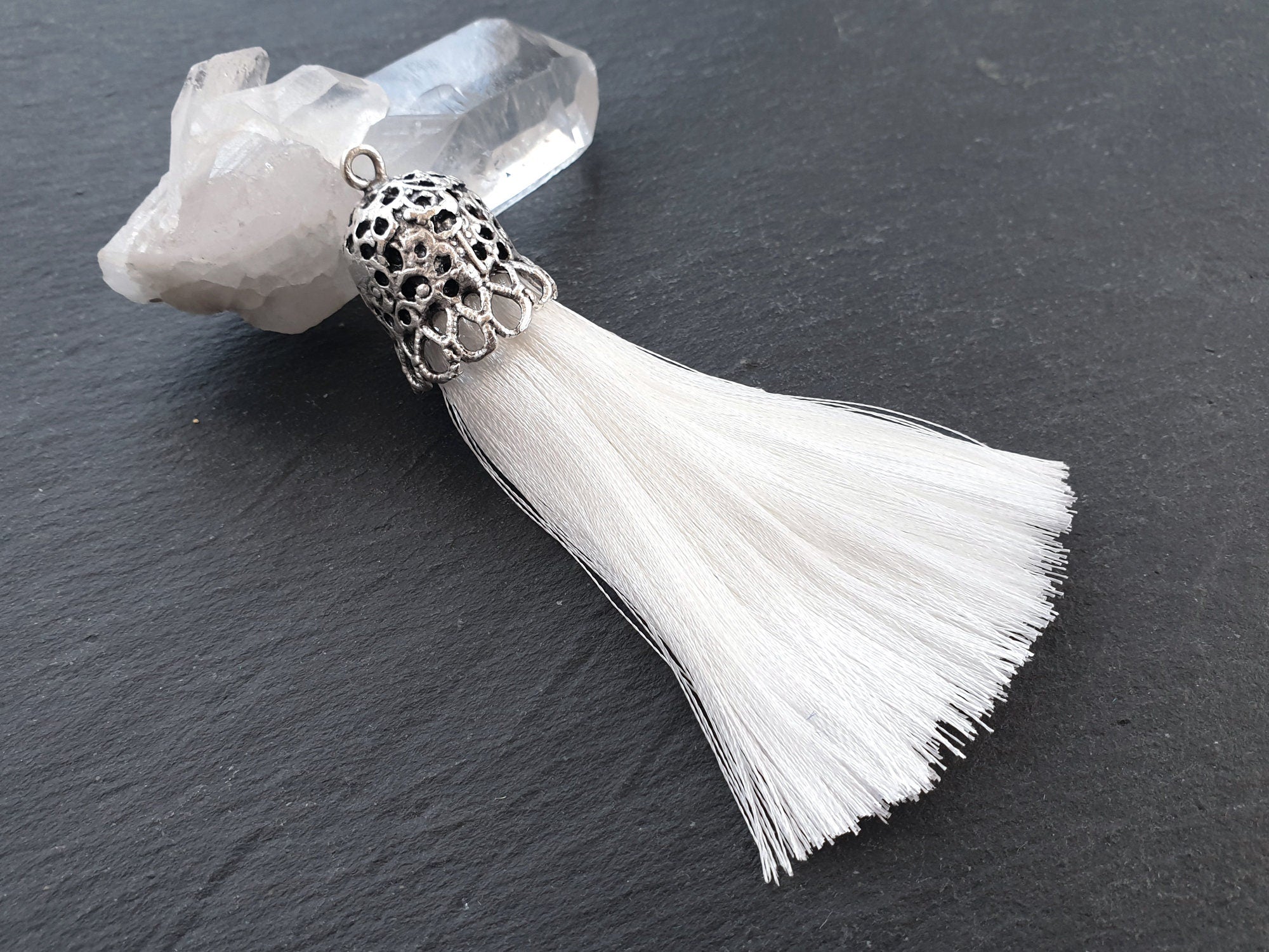 Sugar White Tassel Pendant with Rustic Silver Plated Brass Cap, Ethnic Silk Fringe, Boho Jewelry Supplies, 95mm, 1pc
