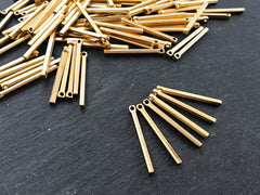 Small Short Slim Gold Vertical Square Bar Pendant, Rectangle Charm, Simple Geometric Minimalist, 22k Matte Gold Plated, 6pc
