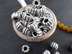 Large Silver Tube Barrel Bead, Ridged Beads, Melon Beads, Pumpkin Beads, Greek Mykonos Bead, Antique Silver Plated, 3pc