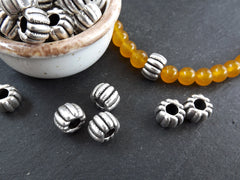 Large Silver Tube Barrel Bead, Ridged Beads, Melon Beads, Pumpkin Beads, Greek Mykonos Bead, Antique Silver Plated, 3pc