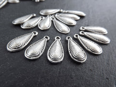 15 Silver Spiral Teardrop Charms, Tear Drop Dangle Pendant Charm, Matte Antique Silver Plated Brass