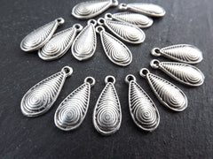 15 Silver Spiral Teardrop Charms, Tear Drop Dangle Pendant Charm, Matte Antique Silver Plated Brass