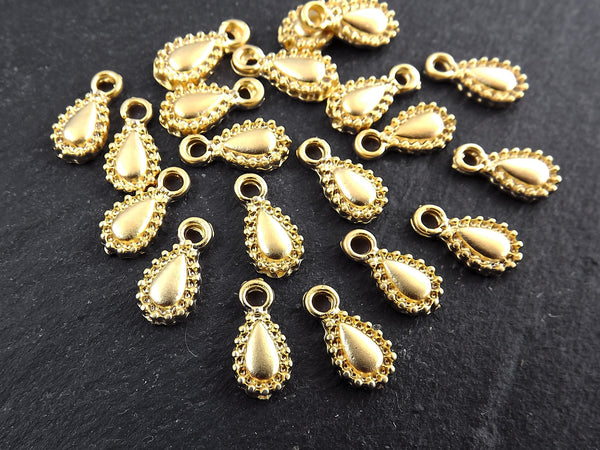 20 Gold Mini Teardrop Charms, Tiny Tear Drop Dangle Charm Pendants, 22k Matte Gold Plated Brass