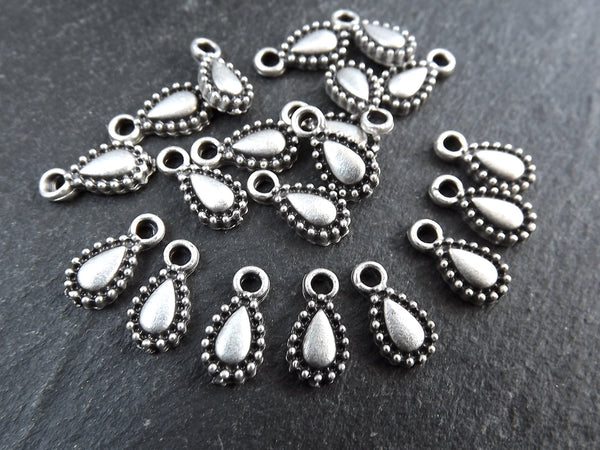 20 Silver Mini Teardrop Charms, Tiny Tear Drop Dangle Charm Pendants, Matte Antique Silver Plated Brass