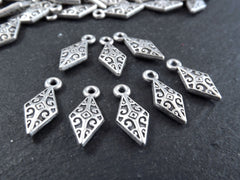 8 Silver Tribal Diamond Charms, Ethnic Drop Pendant, Bracelet Charm, Beading Charm, Matte Antique Silver Plated Brass