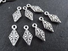 8 Silver Tribal Diamond Charms, Ethnic Drop Pendant, Bracelet Charm, Beading Charm, Matte Antique Silver Plated Brass