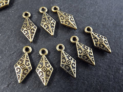 8 Bronze Tribal Diamond Charms, Ethnic Drop Pendant, Bracelet Charm, Beading Charm, Antique Bronze Plated Brass