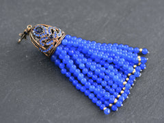 Large Blue Jade Gemstone Beaded Tassel with Blue Crystal Accents - Antique Bronze - 1PC