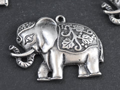 Elephant Pendant with Decorative Leaf Saddle, African Elephant, Ethnic Necklace Pendant, Matte Antique Silver Plated