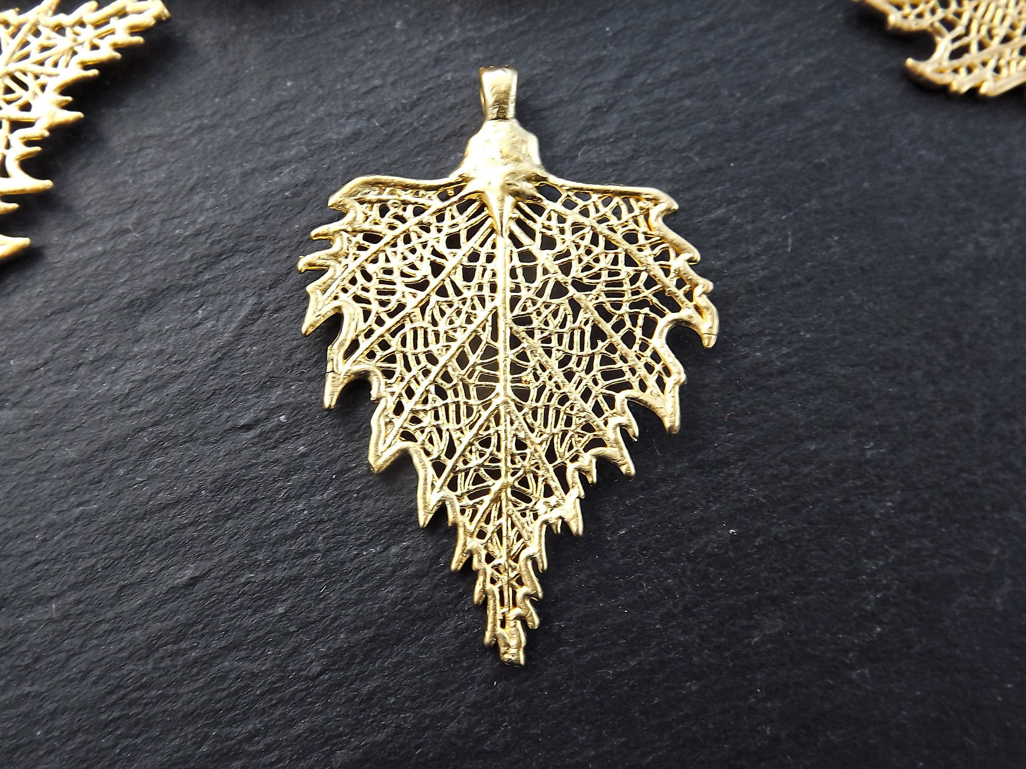 Leaf Charm Pendant, Filigree Leaf Gold, Hammered Leaf, Matte Gold