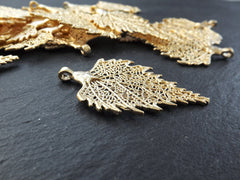 Gold Skeleton Leaf Pendant Charm, Filigree Leaf, Metal Leaf Pendant, Drop Foliage Charms, 22k Matte Gold Plated