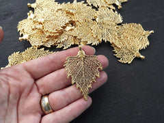 Gold Skeleton Leaf Pendant Charm, Filigree Leaf, Metal Leaf Pendant, Drop Foliage Charms, 22k Matte Gold Plated