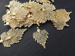 Gold Skeleton Leaf Pendant Charm, Filigree Leaf, Metal Leaf Pendant, Drop Foliage Charms, 22k Matte Gold Plated