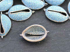 Cowrie Shell Connector Charms, Silver Rhinestone Shell Charms, Blue Micro Pave Cowrie Shell, Puka Shell, Bracelet Charm