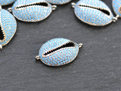 Cowrie Shell Connector Charms, Silver Rhinestone Shell Charms, Blue Micro Pave Cowrie Shell, Puka Shell, Bracelet Charm