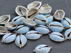 Cowrie Shell Connector Charms, Silver Rhinestone Shell Charms, Blue Micro Pave Cowrie Shell, Puka Shell, Bracelet Charm