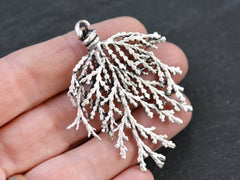 Silver Conifer Leaf Branch Pendant Charm, Metal Leaf Pendant, Drop Foliage Charms, Matte Antique Silver Plated Brass