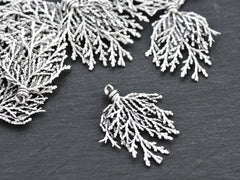 Silver Conifer Leaf Branch Pendant Charm, Metal Leaf Pendant, Drop Foliage Charms, Matte Antique Silver Plated Brass