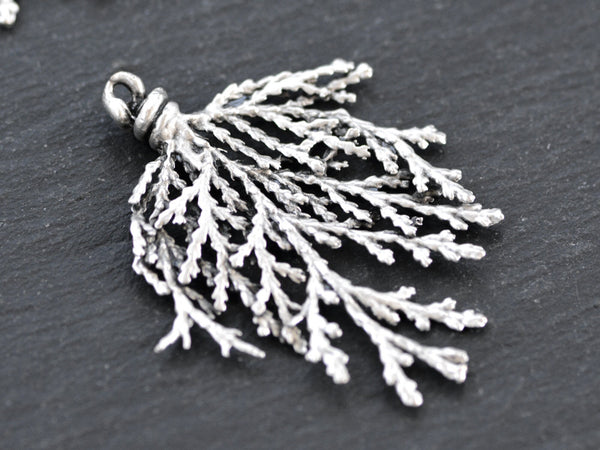 Silver Conifer Leaf Branch Pendant Charm, Metal Leaf Pendant, Drop Foliage Charms, Matte Antique Silver Plated Brass