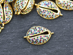 Cowrie Shell Connector Charms, Gold Rhinestone Shell Charms, Rainbow Micro Pave Cowrie Shell, Puka Shell, Bracelet Charm