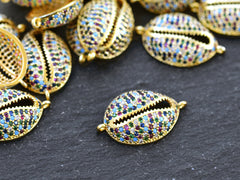 Cowrie Shell Connector Charms, Gold Rhinestone Shell Charms, Rainbow Micro Pave Cowrie Shell, Puka Shell, Bracelet Charm