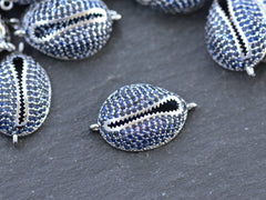 Cowrie Shell Connector Charms, Silver Rhinestone Shell Charms, Navy Blue Micro Pave Cowrie Shell, Puka Shell, Bracelet Charm