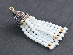 White Moonstone Gemstone Beaded Tassel Pendant with Pave Crystal Cap - Antique Bronze - 1PC