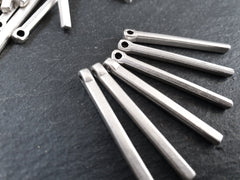 Small Short Bar Charms, Slim Silver Vertical Square Bar Pendant, Rectangle, Simple Geometric Minimalist, Matte Antique Silver Plated, 6pc