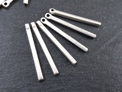 Small Short Bar Charms, Slim Silver Vertical Square Bar Pendant, Rectangle, Simple Geometric Minimalist, Matte Antique Silver Plated, 6pc