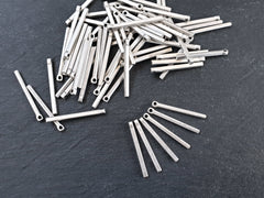 Small Short Bar Charms, Slim Silver Vertical Square Bar Pendant, Rectangle, Simple Geometric Minimalist, Matte Antique Silver Plated, 6pc