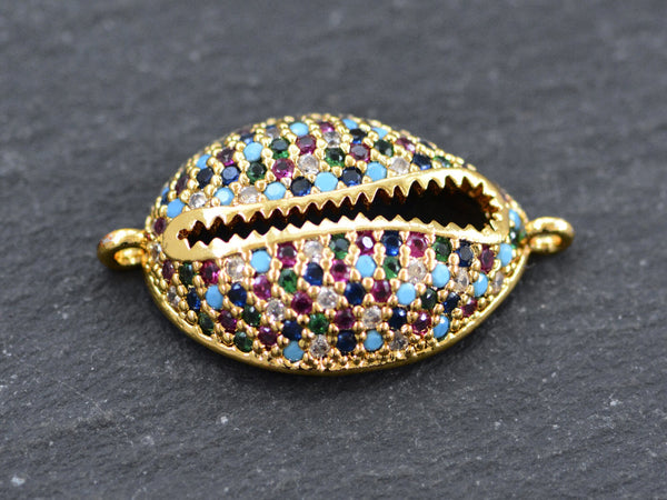 Cowrie Shell Connector Charms, Gold Rhinestone Shell Charms, Rainbow Micro Pave Cowrie Shell, Puka Shell, Bracelet Charm