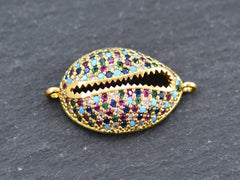 Cowrie Shell Connector Charms, Gold Rhinestone Shell Charms, Rainbow Micro Pave Cowrie Shell, Puka Shell, Bracelet Charm