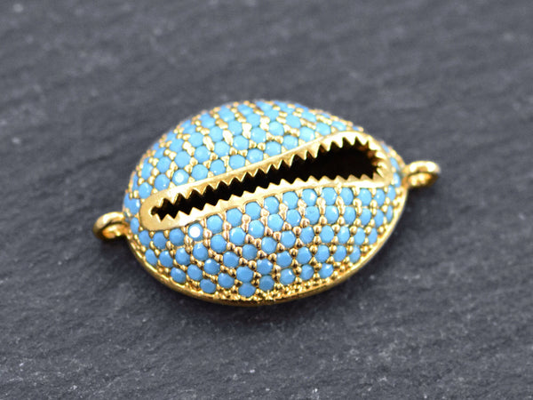 Cowrie Shell Connector Charms, Gold Rhinestone Shell Charms, Blue Micro Pave Cowrie Shell, Puka Shell, Bracelet Charm