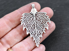 Skeleton Leaf Pendant Charm, Filigree Leaf, Metal Leaf Pendant, Drop Foliage Charms, Antique Silver Plated