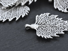 Skeleton Leaf Pendant Charm, Filigree Leaf, Metal Leaf Pendant, Drop Foliage Charms, Antique Silver Plated