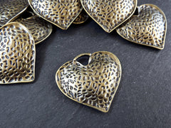 Large Bronze Hammered Love Heart Pendant, Rustic Charm, Turkish Jewelry Making Supplies, Valentines, Antique Bronze Plated - 1pc