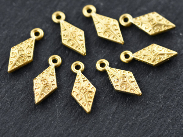 Gold Tribal Diamond Charms, Ethnic Drop Pendant, Bracelet Charm, Beading Charm, 22k Matte Gold Plated, 8pcs