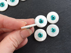 5 Mother of Pearl Round Evil Eye Beads, Enamel Evil Eye Bead, MOP Beads, Nazar Protective Symbol Talisman Jewelry, 20mm