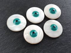 5 Mother of Pearl Round Evil Eye Beads, Enamel Evil Eye Bead, MOP Beads, Nazar Protective Symbol Talisman Jewelry, 20mm