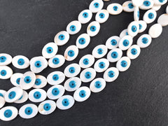 5 Mother of Pearl Oval Ellipse Evil Eye Beads, Enamel Evil Eye Bead, MOP Beads, Nazar Protective Symbol Talisman Jewelry, 18x13mm