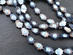 6 Mother of Pearl Evil Eye Hamsa Hand Beads, Natural Black MOP Bead, Enamel Evil Eye Bead, Nazar Protective Symbol Talisman Jewelry, 10x11mm