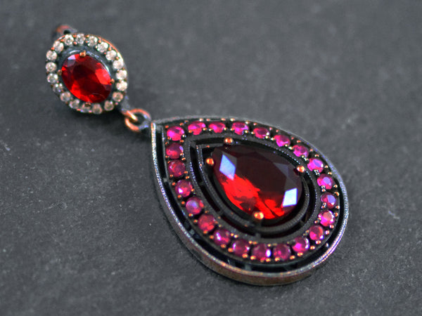 Red Crystal Teardrop Necklace Pendant with Pink Clear Rhinestones and Bail, Sterling Silver Antique Bronze, 1PC
