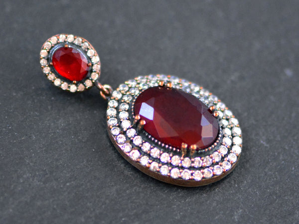 Red Crystal Oval Necklace Pendant with Clear Rhinestones and Bail, Sterling Silver Antique Bronze, 1PC