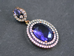 Purple Crystal Oval Necklace Pendant with Clear Rhinestones and Bail, Sterling Silver Antique Bronze, 1PC