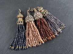 Brown Gemstone Beaded Tassel Pendant, Jade Bead Strands, Luxury Rhinestone Necklace Tassel Cap with Bail, Antique Bronze, 1PC