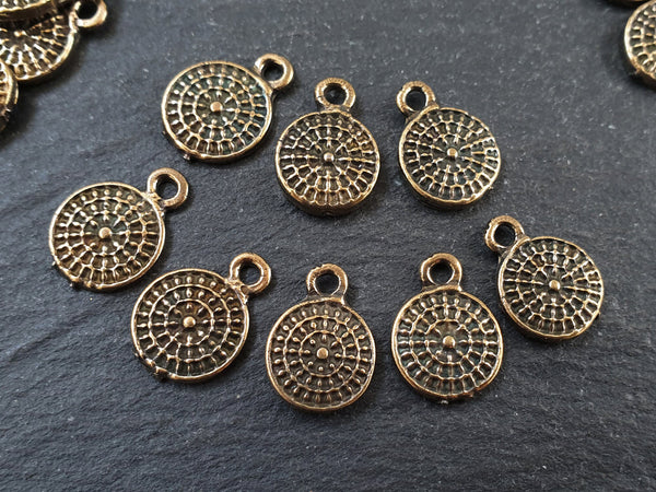 8 Bronze Rustic Coin Charm Pendant, Tribal Dot Disc Charms, Round Drop Pendant Charm, Turkish Jewelry Supplies, Antique Bronze Plated