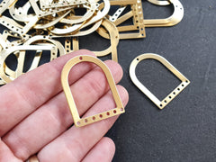 8 Raw Brass Arch D Shaped Cut Out Thin Pendant Charm Blank, Earring Connector Findings, 29x21mm, 8 Holes,